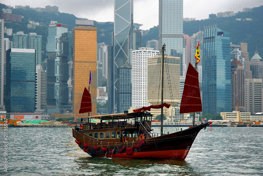 Classic junk boat sailing Victoria Harbour in Hong Kong